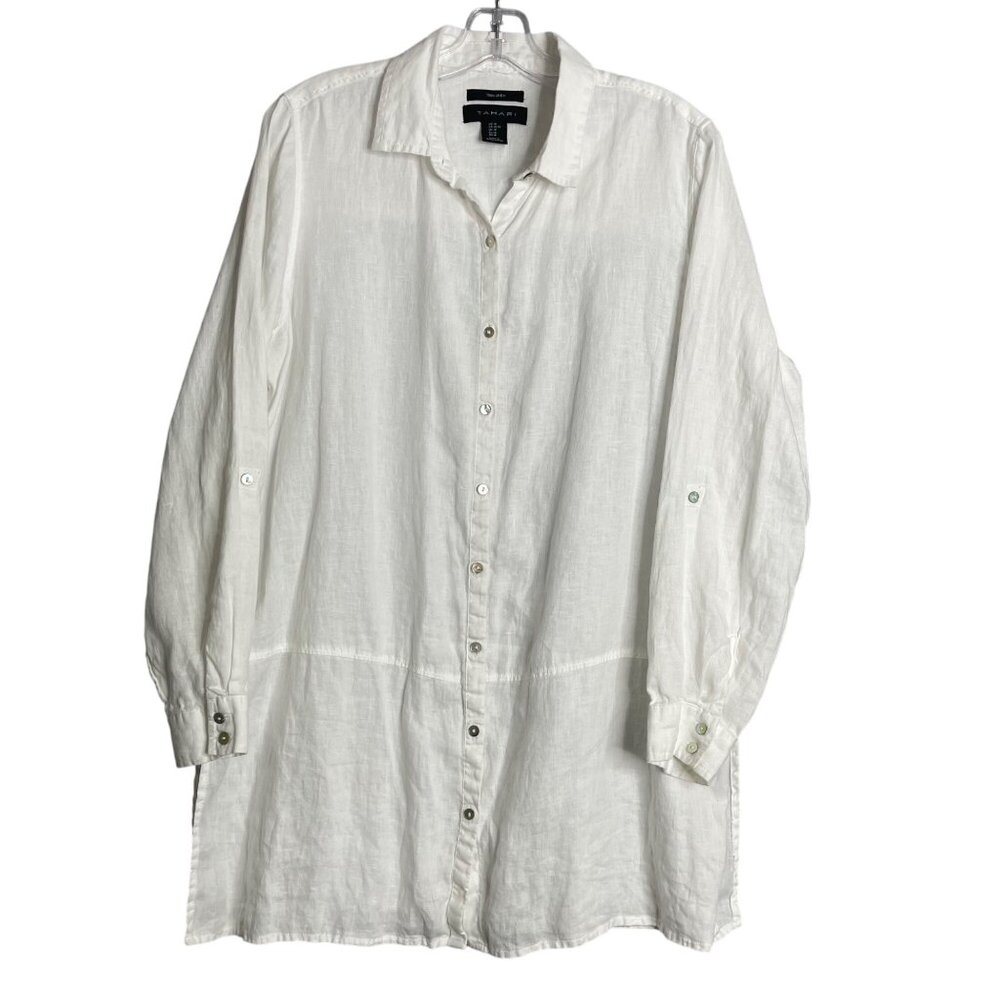 Tahari 100% Linen Tunic Top Womens M White Lagenlook Relaxed Fit Breathable